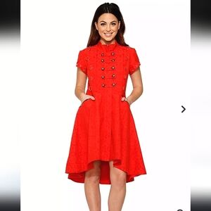 Nwot Orchid Bloom Red Jacquard Shortsleeve High Low Military Dress